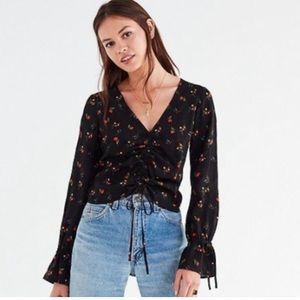 Urban outfitters floral ruched front black long sleeve blouse top